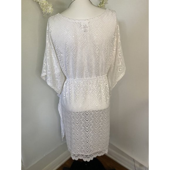 Tahiti Crochet Swim Cover Up Womens White V Neck Boho Dress XL Adjust Waist VTG - Picture 14 of 16